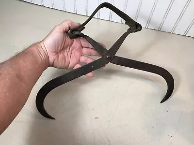 Ice Block Tongs Carrying Hay Bale  Tool Primitive Cast Iron Tongs Leather Hand • $44.99