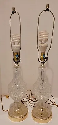VTG PAIR OF LEAD CRYSTAL TABLE LAMPS WITH BRASS BASE AND TRIM-30 1/4 ~Beautiful • $74.95