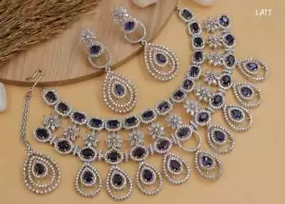 Indian Bollywood Bridal Kundan Silver Fn Blue AD CZ Choker Necklace Jewelry Set • $37.57