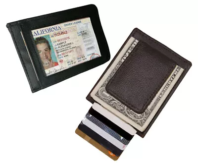 Black Fine Leather Magnetic Money Clip Card Front Pocket Thin Wallet • $15.17