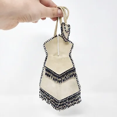 Antique Vintage Leather Beaded Folding Drawstring Purse Bag Reticule Wrist Bag • $74.99