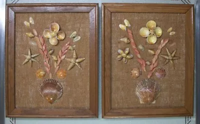 Vintage Shell Art Picture On Burlap-beach Art-set Of 2 -shell Picture • $25