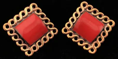 Vintage MATISSE Copper MCM Tomato RED Enamel Square Framed Cip Earrings On Card • $24.99