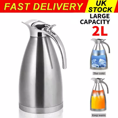 2L Stainless Steel Thermos Flask Insulated Vacuum Travel Tea Coffee Bottle Jug • £12.89