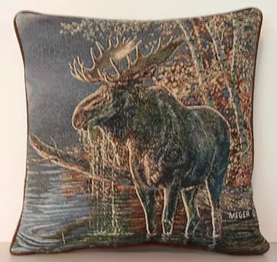 Moose Standing At The Edge Of The Water Trees By Meger Tapestry Pillow New • $18