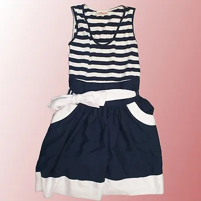 Nautical Striped Puff Belted Sailor Dress Women's L Navy White Retro 60s Organic • £14.99