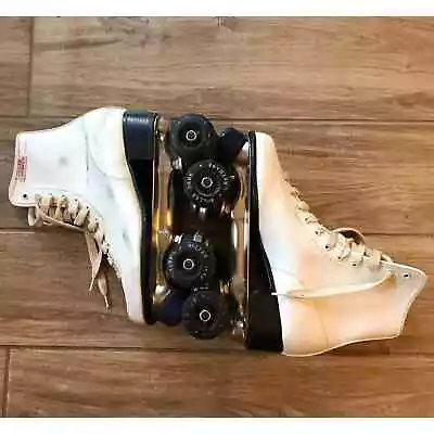 Vintage Leather Womens White Red Roller Derby 4 Wheel Quad Skates Size 8 • $35