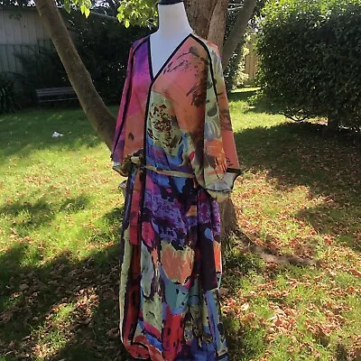 Women’s Plus Size 18-20 Kimono Beach Robe Slinky Satin Multicolour Waist Tie • $52.45