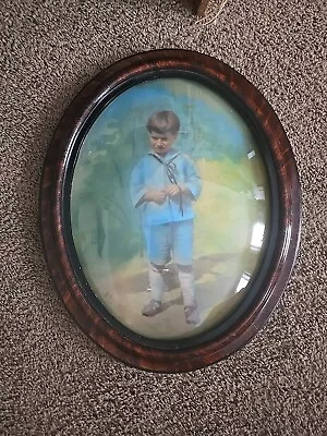 Antique Oval Convex Glass Picture Tiger Wood Faux ? Frame. Little Boy In Blue • $68
