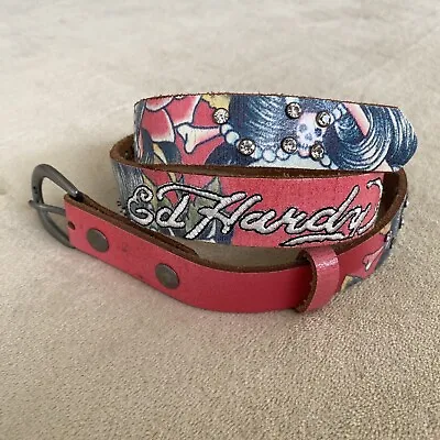 Ed Hardy XS Leather Belt Pink Rhinestones Embroidered Tattoo Skull Bones Y2K • $50