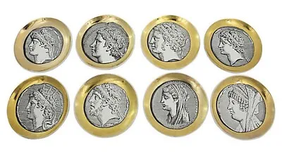 $599 • Buy New! Mid-Century Piero Fornasetti Gold Coasters Plates Set Of 8 Roman Cameo