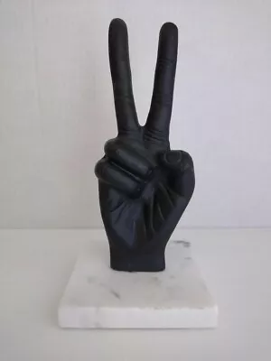 Sculpture Hand Statue Black Metal Peace Sign 8” Metallic Marble Stand • $29.99