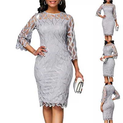 Plus Size Women Mesh 3/4 Sleeve Evening Prom Midi Dress Ladies Party Ball Gown • $27.39