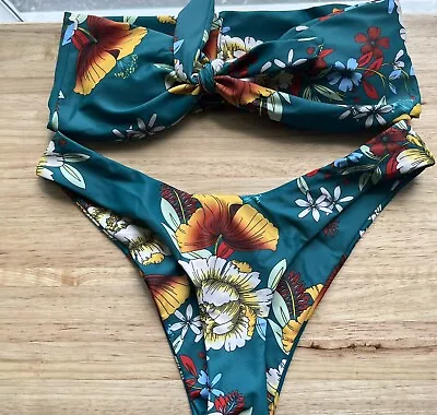 $10 • Buy ZAFUL Green Floral Print Bandeau Bikini 2pc Set High Cut Cheeky Thong Sz Small