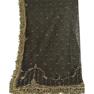 Sanskriti Vintage Long Dupatta Net Mesh Black Hand Beaded Zardozi Wrap Stole • $64.99