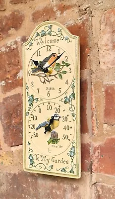 Wall Clock Thermometer Garden Ornament Bird Home Indoor Outdoor Hand Painted • £16.95