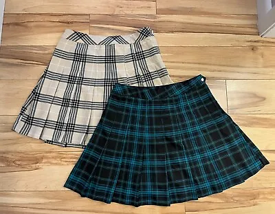 H&M Divided Lot Of 2 Blk/Green&Tan/Blk High Waisted Zip Pleated Skirt Size 6 28  • $20