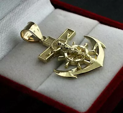 Real 10K Yellow Gold Mens Anchor Cross Pendant Diamond Cut Jesus Crucifix Charm • $199.99