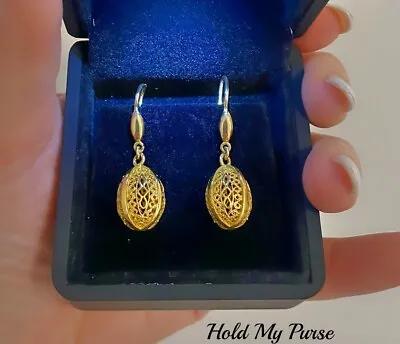 Rare 14k Gold Greek Byzantine Filigree  Style Pendant Egg Earrings • $695