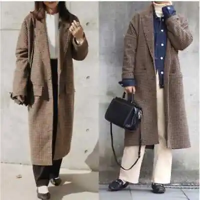 ZARA BLOGGER FAVE Brown Tan Checkered Plaid Houndstooth Oversized Wool Coat M • $125
