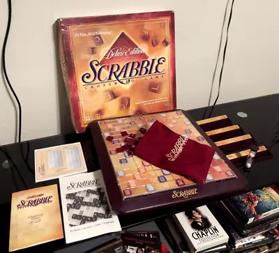 Scrabble Deluxe Edition Turn Table Board Game Wood Tiles 1999 - 100% Complete • $55