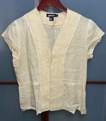 DKNY Vintage 90s Y2K Yellow Ramie Linen Button Up Ruffle Accent Blouse Top Sz 4 • $42.50