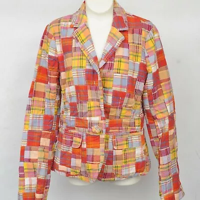 J Crew Madras Red Yellow Cotton Patchwork Blazer Jacket Lined Womens 2 Casual • $44.99