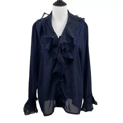 Vintage Diana Marco Blouse Womens 16 Blue Ruffled Button Front Long Sleeve • $35.19