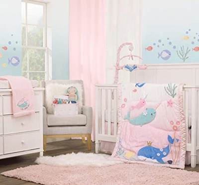 $189.21 • Buy NoJo Under The Sea Whimsy Pink & Blue Whales & Narwhals 4Piece Crib Bedding Set