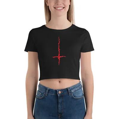 Red Melting Inverted Cross Black Metal Style Women’s Crop Tee • £29.92