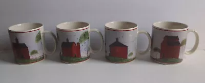 Warren Kimble Red  Barns  Coffee Mugs Cups By Sakura - Set Of 4 Four 1998 • $22.99