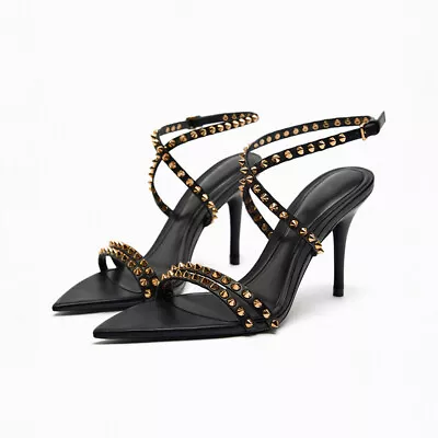 Studded Pointy Toe Open Toe High Heels Black Sandals • £37.75