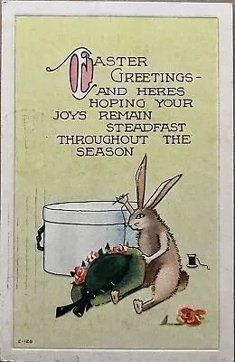 Antique Easter Bunny Rabbit Sewing Flowers On Hat Vintage Embossed Postcard 1910 • $8