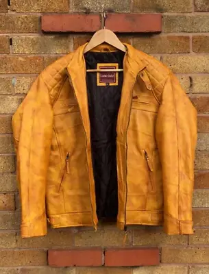 Mens Cafe Racer Yellow Vintage Biker Diamond Classic Real Leather Jacket • $82.28