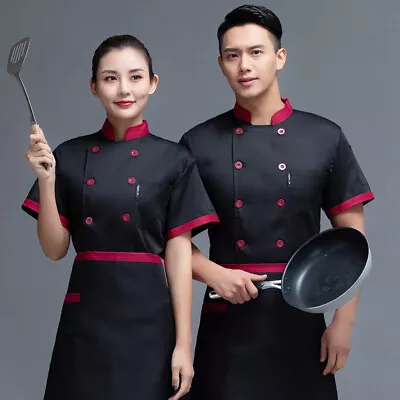 Mens Womens Contrast Color Chef Coat Stand Collar Double-Breasted Hotel Uniform • $9.99