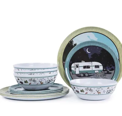 Melamine Dinnerware Set For 4 12Pcs Camping Dishes Set RV Easy Stackable Picnic • £52.96