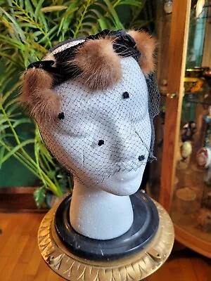 Vtg Black Velvet Fascinator Mink Fur Netted Veiled Pillbox Hat 50s Mid Century • $9.99
