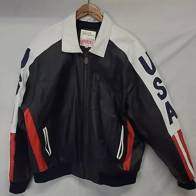 Vtg Michael Hoban Leather Jacket WhereIAm Size 2XL USA American Flag Bomber Rap • $99.99
