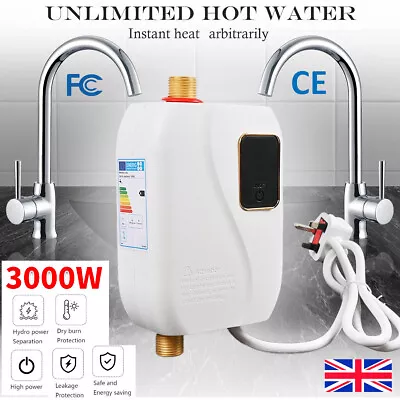 Electric Tankless Instant Hot Water Heater Under Sink Tap Bathroom Kitchen 3000W • £42.99