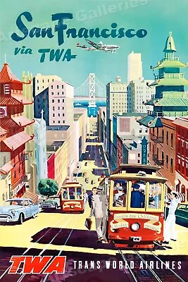 1950s “San Francisco Via TWA” Vintage Style Air Travel Poster - 24x36 • $25.95