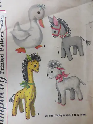 Vtg 50's Simplicity 3701 STUFFED ANIMAL TOYS Sewing Pattern GIRAFFE DONKEY LAMB • $16.99