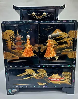 Vintage Black Lacquer Hand Painted Japanese Jewelry Box 6.5X8.5  Doll Dresser • $40