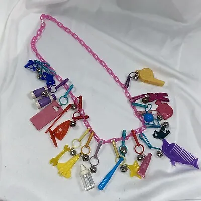 Vintage 80s Plastic Clip On Bell Charm Necklace With 18 Charms Pink Chain • $50
