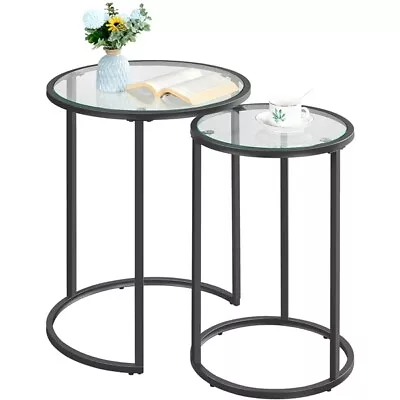Round Nesting Side Tables End Table Coffee Table W/Metal Frame & Glass Top Black • $55.99