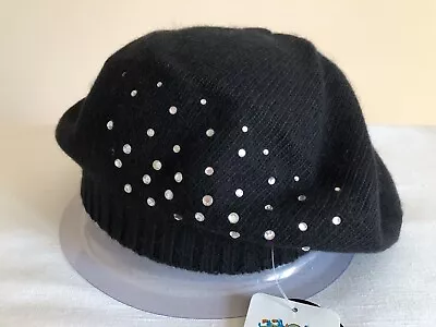 NWT PORTOLANO 100% Cashmere Crystal Black  Beret Hat One Size • $85