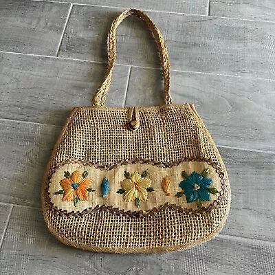 Vtg Woven  Straw Purse Raffia  Flowers Double Handles Shoulder Bag Cottagecore • $25.99