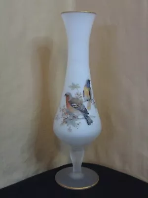 Vintage Frosted Glass Pedestal Bud Vase Hand Painted Birds 10  • $14.99