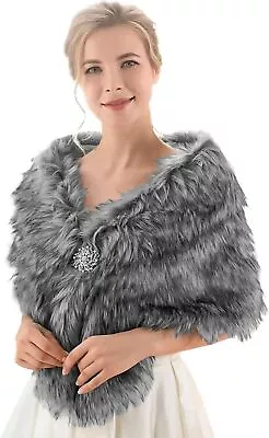 GORAIS Women's Wedding Faux Fur Shawls And Wraps Bridal Fur Scarf Stoles With Br • $41.65