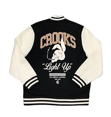 Crooks & Castles Men’s Varsity Jacket Light Up Skull Hip Hop Size L Black Bomber • $65