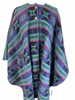 Vintage COSECHA DESIGNS FOR M LIMAN CO Wool Teal Pink Blue Poncho Cape Wrap • $34.95